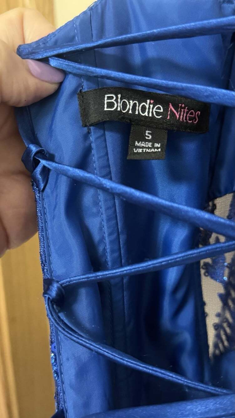 Blondie Nites Jr Size 5 Royal Blue Glitter-Mesh Corset Lace-Up Dress Pockets - Picture 10 of 16